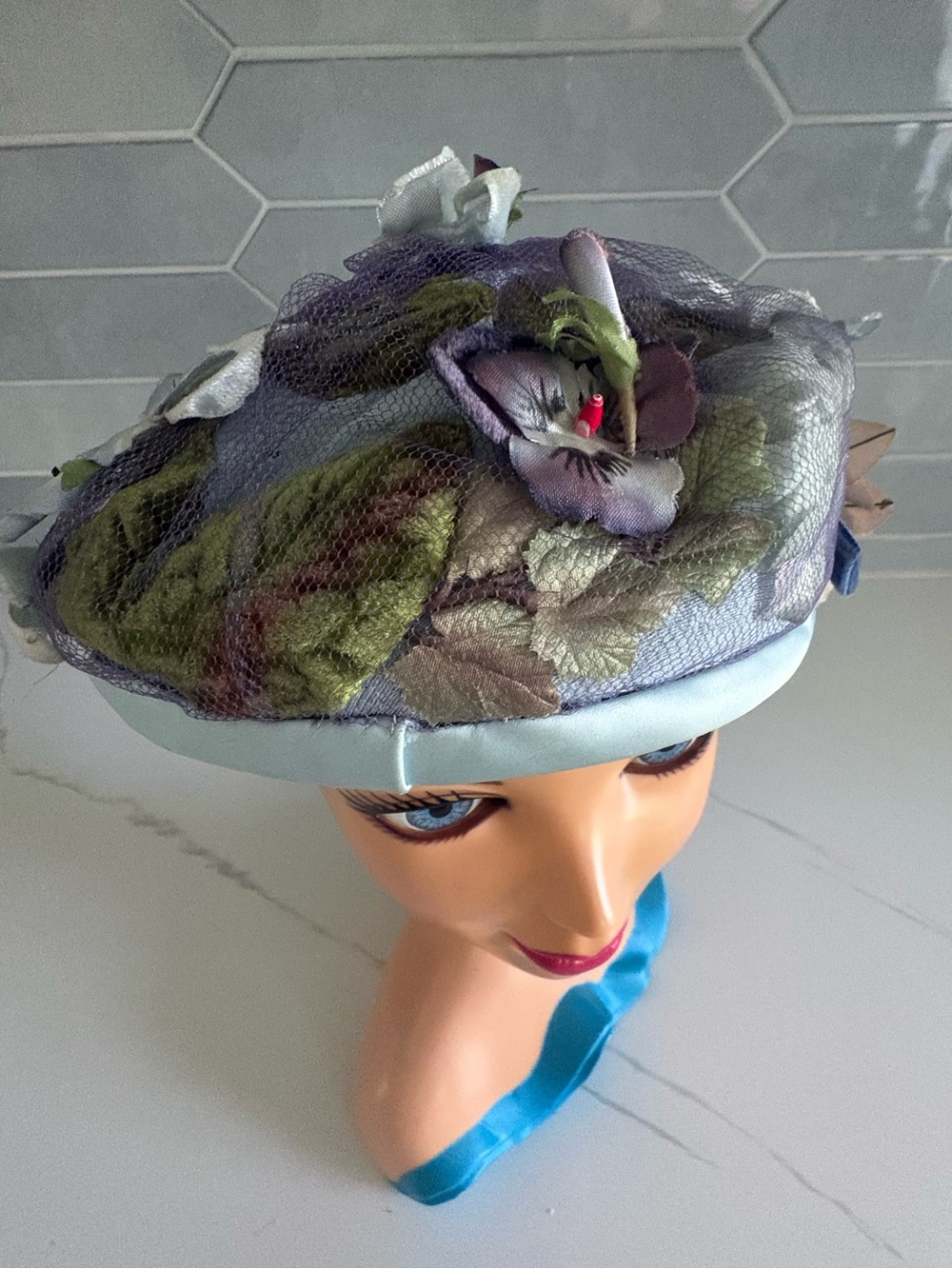 Vintage 1950s 1960s Floral Netted Toque Whimsy Hat Velvet Pansy Cocktail Cap